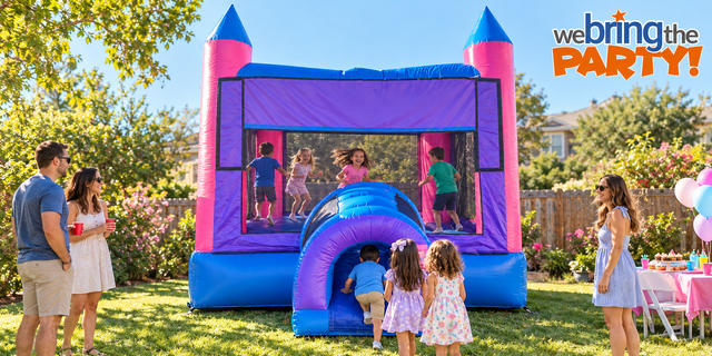 Kids playing in a purple bounce house at a backyard birthday party