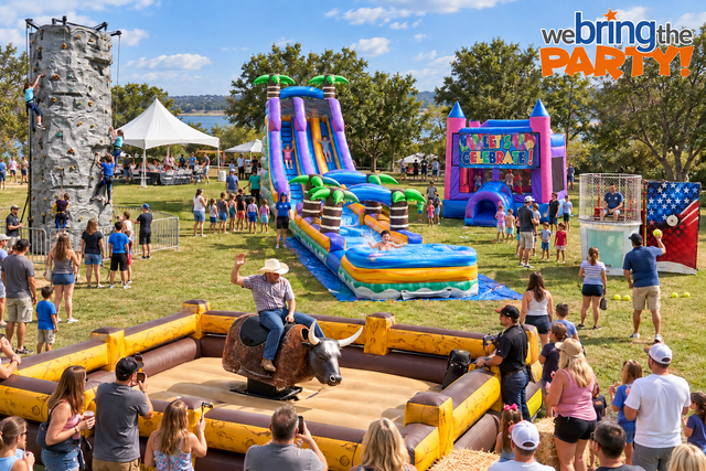 Bounce houses, water slide, mechanical bull and rock wall set up at a Central Texas community event by We Bring The Party