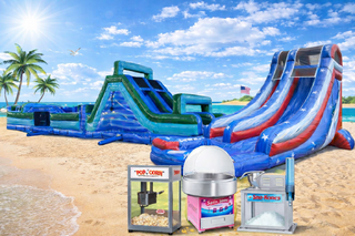 62ft Island Drop Obstacle Course, 20ft Red, White and Zoom Water Slide and 1 Concession