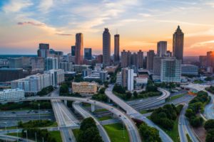 An aerial view of downtown Atlanta skyline at sunset