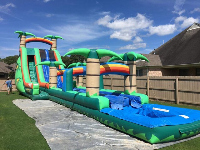 24 Ft  Dual Lane Waterslide with 30 Ft Slip and Slide with Pool