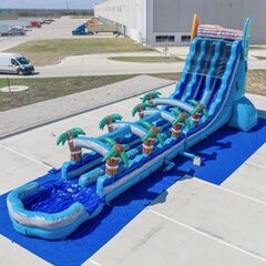 27FT BLUE DOUBLE LANE WATER SLIDE WITH EXTENSION AND POOL
