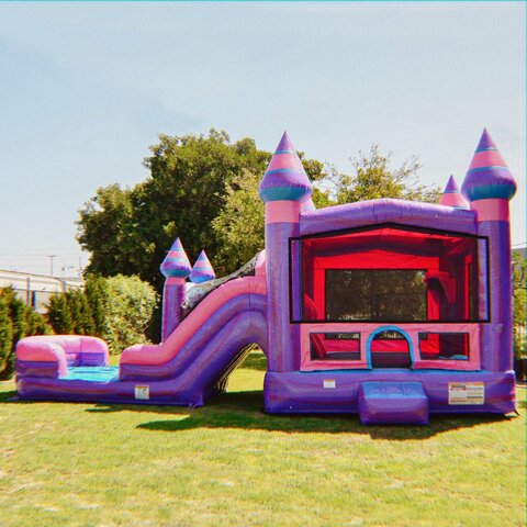 Pink Bounce House Dual Lane Water Slide