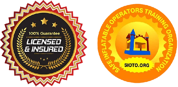 Licensed and insured badge and Safe Inflatable Operators Training Organization membership seal