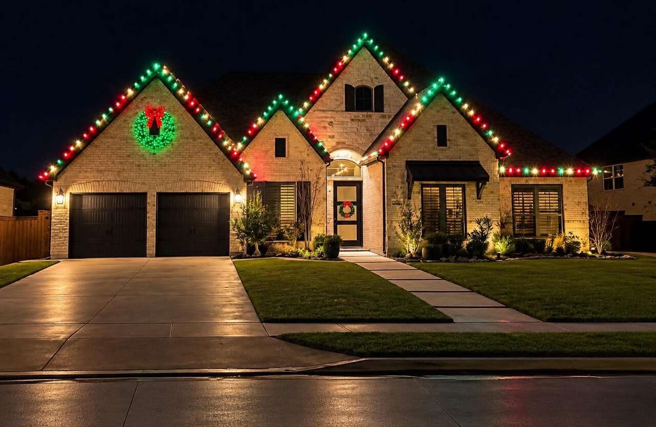 Red and green holiday lights with a wreath