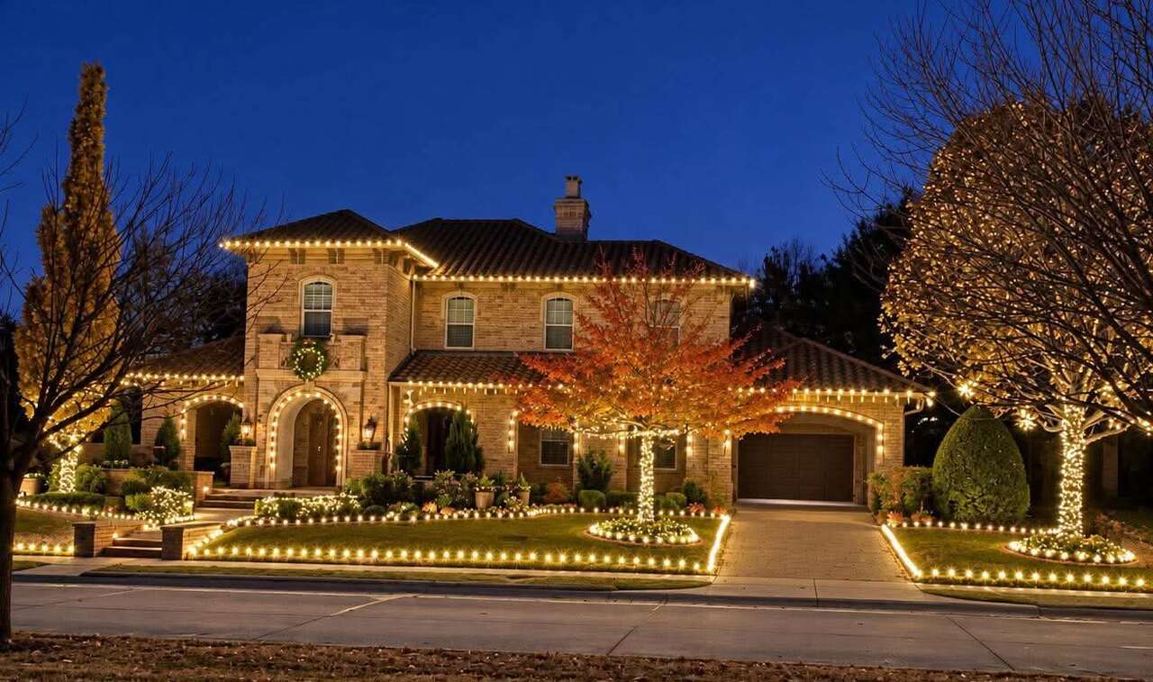 Warm white lights on a house and trees