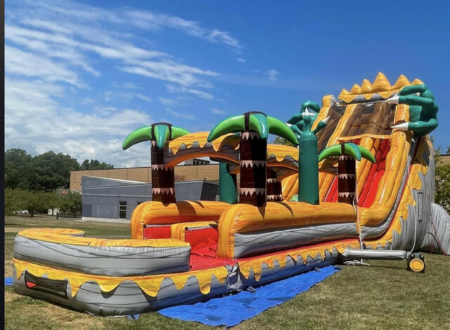 T-Rex dual lane Slide with slip and slide with pool