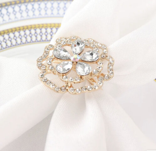 Diamond Rhinestone Gold Metal Rose Flower Napkin Rings