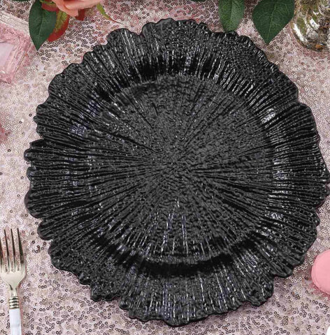 BLACK ROUND REEF ACRYLIC PLASTIC CHARGER PLATES, 13”