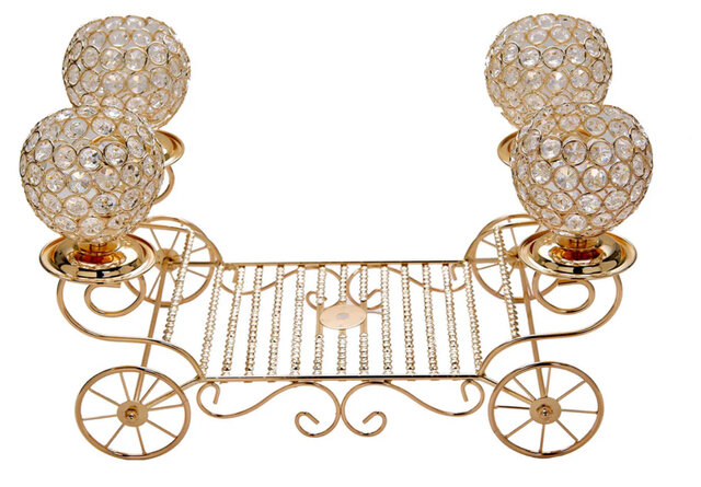 Gold Metal 4-Arm Crystal Cinderella Carriage Candle Holder Centerpiece