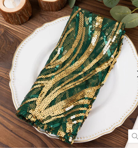 Hunter Emerald Green Gold Wave Embroidered Sequin Mesh decorative Napkin