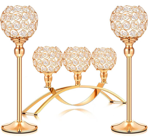 Set of 3 Pieces Gold Crystal Candle Holders, Tealight Candlestick