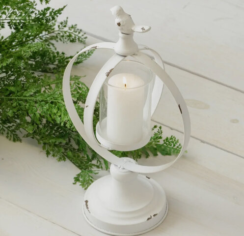 White distressed sphere candle. Holder