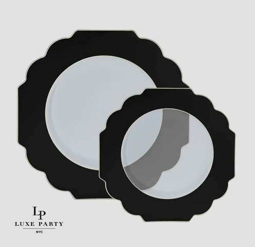 CLEAR AND BLACK SCALLOPED PLATES 10.7” 10 pack