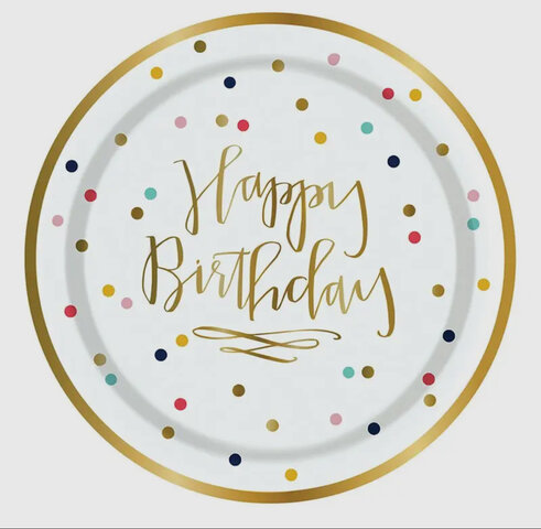 8 count polka dot  7” Happy Birthday plates