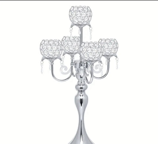 5-Arm Silvery Crystal Candelabra, 22.5-Inch Tall Wedding Centrepiece