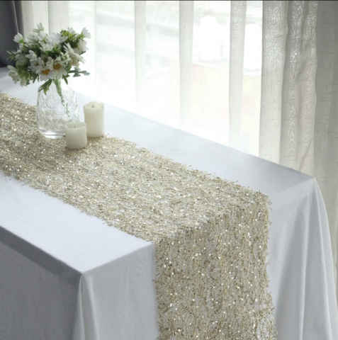 SILVER SEQUIN MESH SCHIFFLI LACE TABLE RUNNER, SPARKLY PARTY TABLE DECORATION 12