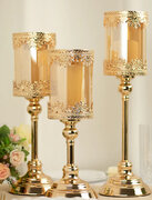 Set of 3 Antique Gold Hurricane Glass Pillar Candle Holders, Lace Design Votive Candle Stands