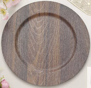 Dark Brown Boho Chic Faux Wood Plastic Charger Plates, Round Rustic Wedding Party Service Plates