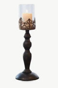 Medium Elegant Black Vintage-Style Wrought Iron Lantern Candelabra - Chic Tabletop Decor with Ornate Skeleton Detailing