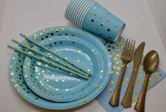 Blue polka dot. 10 of 9” plates, 7”plates, 10Cups, 10 Napkins,10, Bronze Forks,spoons, knives, 10 Stiped straws