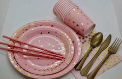 Pink POLKA DOT. 10 OF 9” PLATES, 7”PLATES, 10CUPS, 10 NAPKINS,10, BRONZE FORKS,SPOONS, KNIVES, 10 STIPED STRAWS