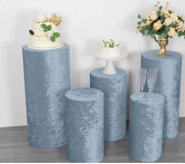 SET OF 5 DUSTY BLUE CRUSHED VELVET CYLINDER PILLAR PROP COVERS, PREMIUM PEDESTAL PLINTH DISPLAY BOX STAND COVERS X 1