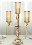 Gold Metal Pillar Candle Stand, Votive Candelabra With Hanging Clear Crystal Pendants 23