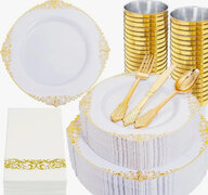 350PCS White and Gold Plastic Plates - Gold Plastic Dinnerware Sets for 50 Guests - 100 Gold Disposable Plates, 150 Gold Plastic Silverware, 50 Cups, 50 Napkins for Wedding & Party