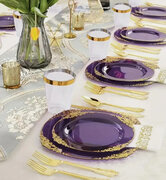 70pcs, Golden Border Embossed High-end Purple Party Tableware Set, Embossed Hard Plastic Tableware, Party Dining Plates, For Weddings And Birthdays (7 Inch Plates * 10, 9 Inch Plates * 10, Cups * 10, Tissues * 10, 10 Knives, Forks, Spoons Each)